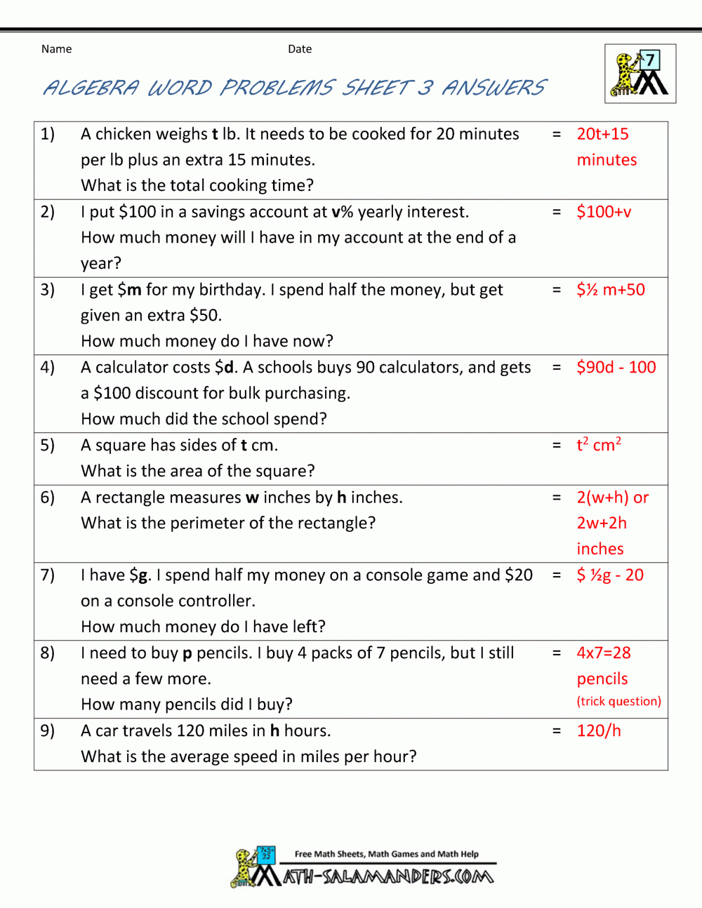 Basic Algebra Worksheets Also Algebra Word Problems Worksheet Pdf