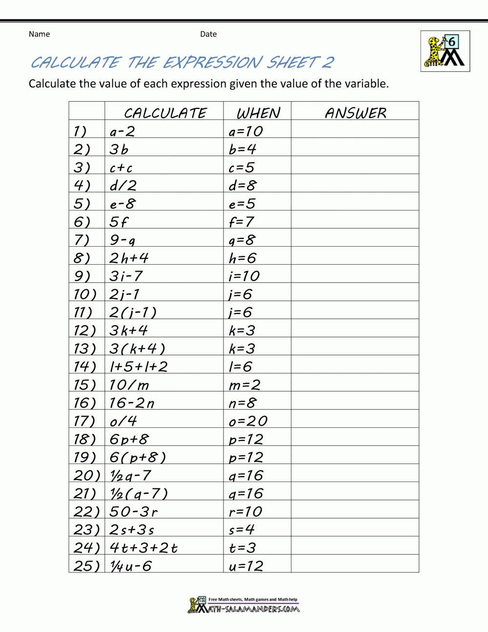 Basic Algebra Worksheets For 6Th Grade Math Worksheets With Answer Key