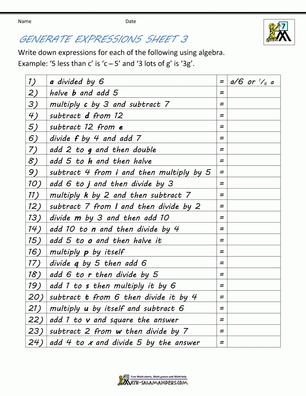 Basic Algebra Worksheets For Math Worksheet Generator Free
