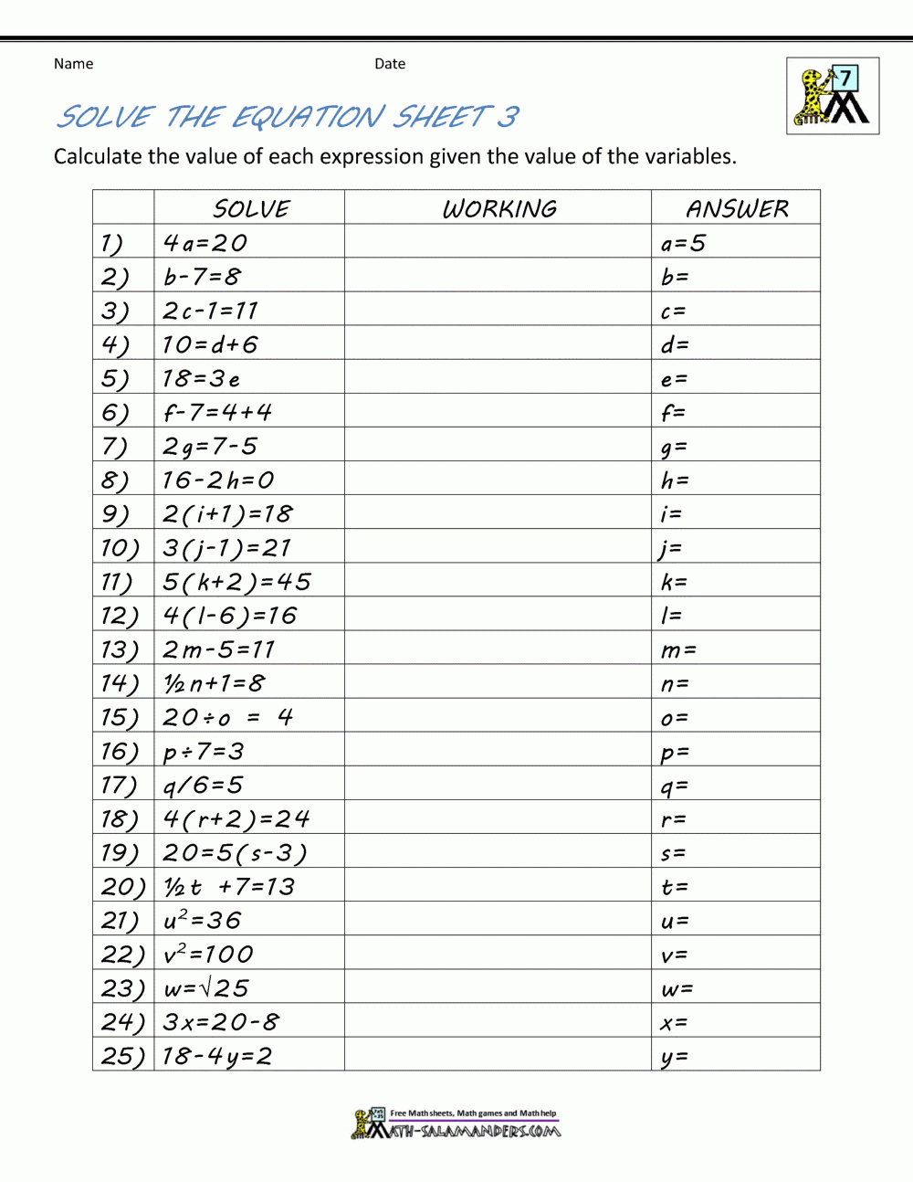 Basic Algebra Worksheets For Solving Algebraic Equations Worksheets
