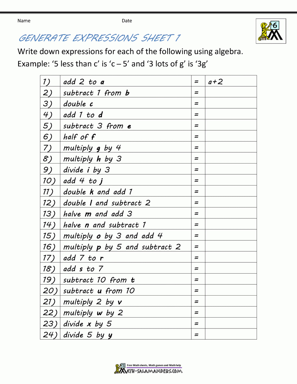 Basic Algebra Worksheets For Worksheet 6 2 Word Equations