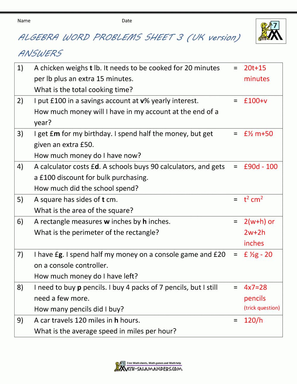 Basic Algebra Worksheets Regarding Algebra Worksheets With Answers
