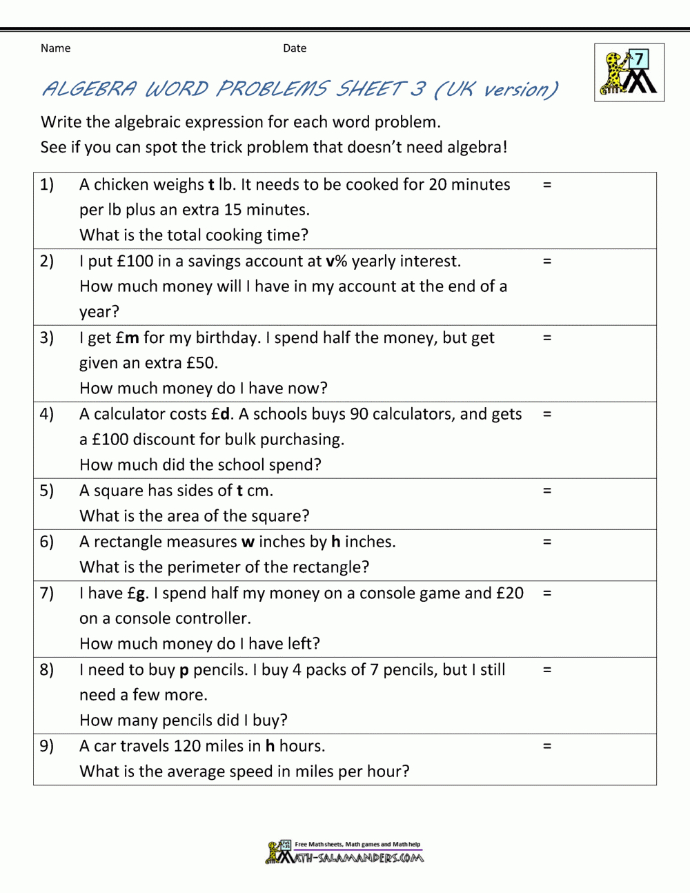 Basic Algebra Worksheets Within Algebra Word Problems Worksheet Pdf