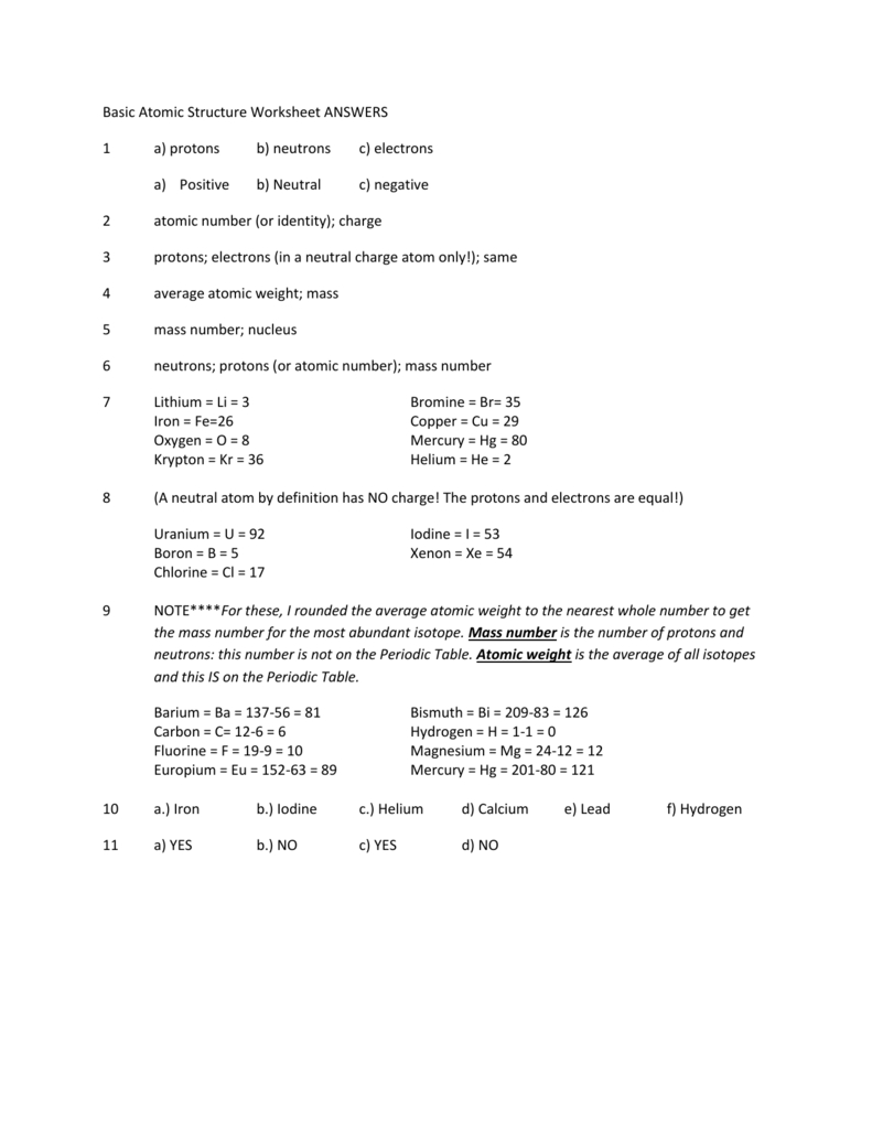 Basic Atomic Structure Worksheet Answers With Regard To Basic Atomic Structure Worksheet Answers