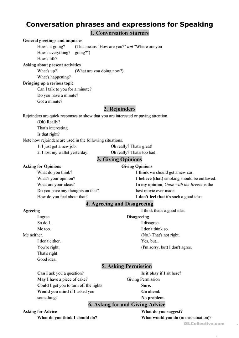 Basic Conversational Phrases Worksheet  Free Esl Printable Or Basic Conversation Skills Worksheets