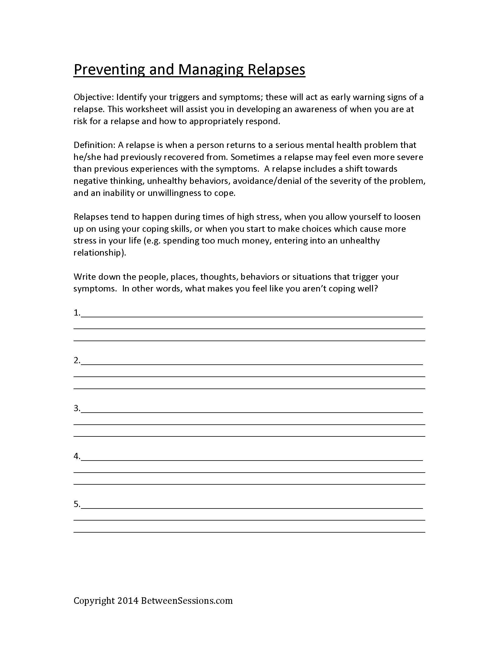 Coping Skills For Substance Abuse Worksheets excelguider com