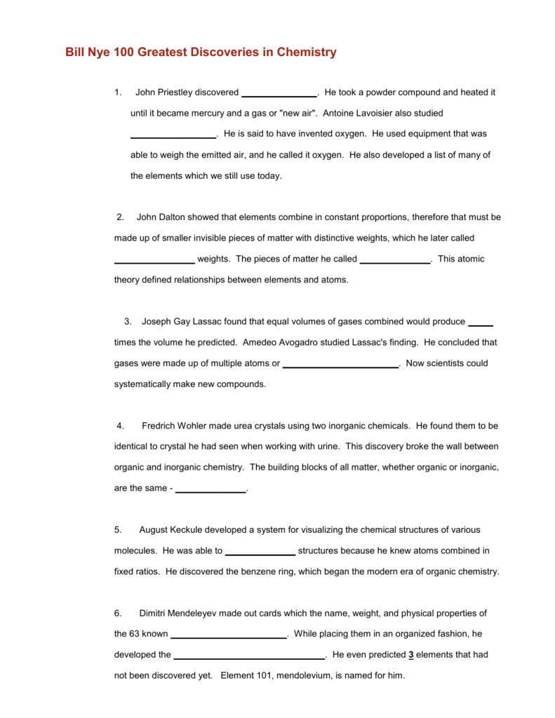 Bill Nye 100 Greatest Discoveries In Chemistry And Bill Nye Plants Worksheet Answers