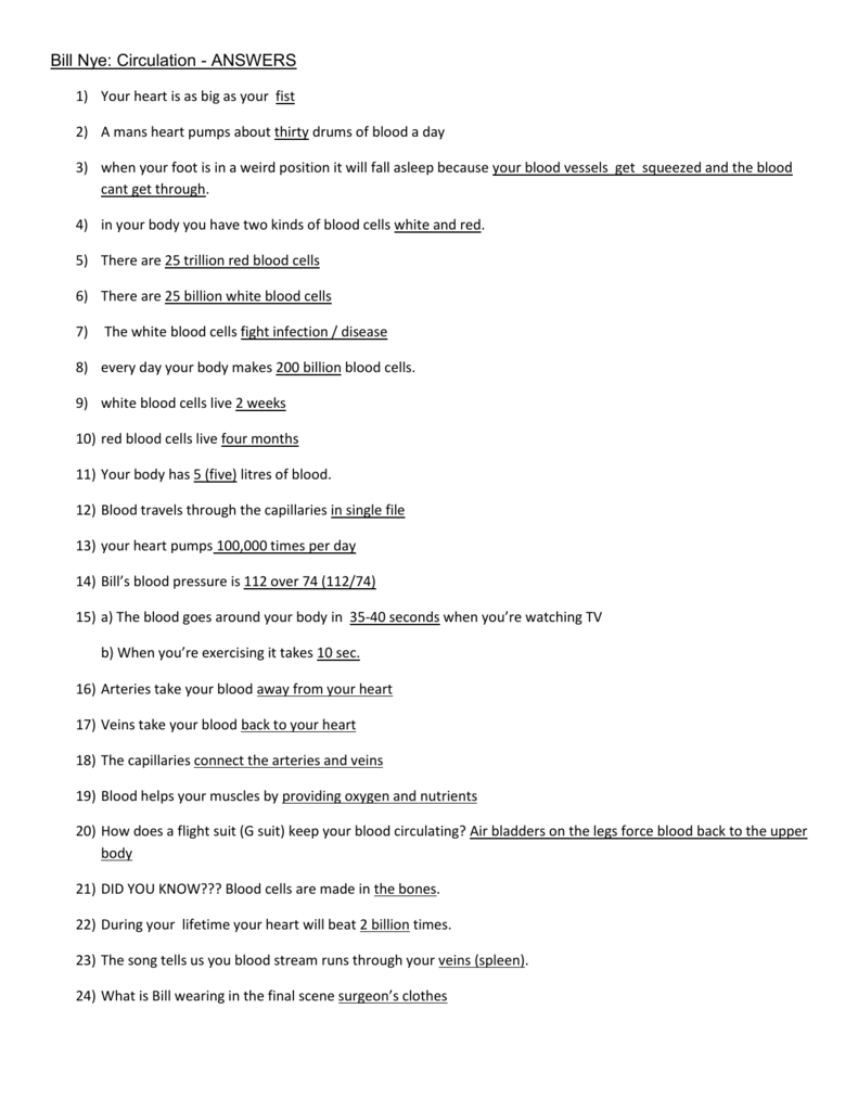 Bill Nye Circulation  Answers 1 Your Heart Is As Big As Your Fist 2 Also Chapter 11 The Cardiovascular System Worksheet Answer Key