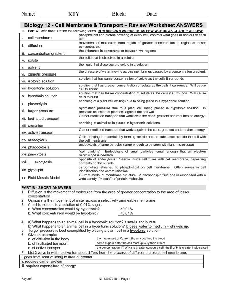 Biology 12  Cell Membrane  Transport – Review Worksheet Inside Cell Membrane And Transport Worksheet Answers