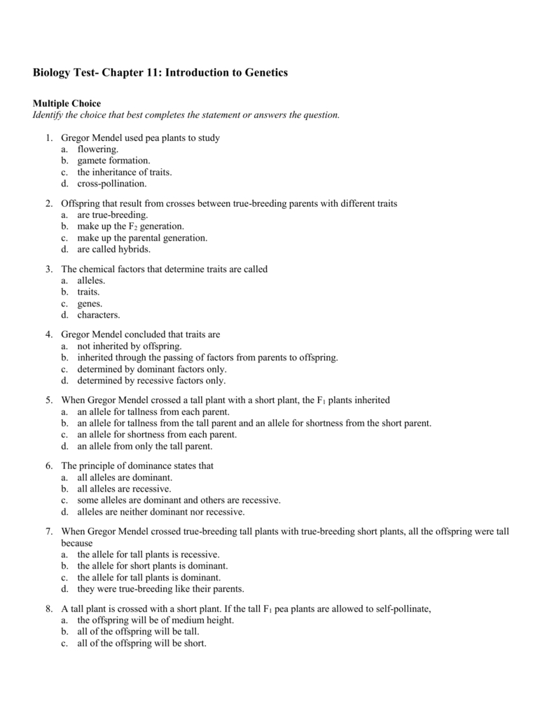 Biology Test Chapter 11 Introduction To Genetics In Introduction To Genetics Worksheet