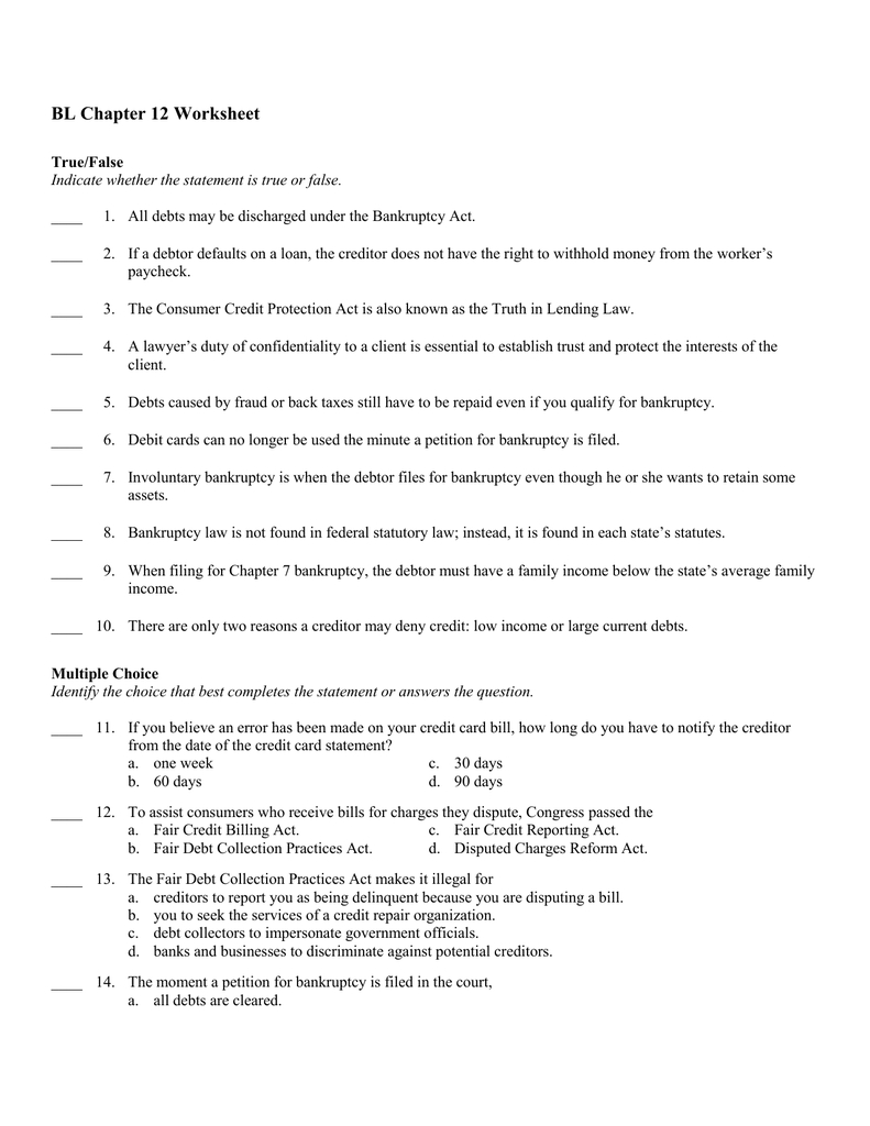 Bl Chapter 12 Worksheet Answer Section With Bankruptcy Worksheet