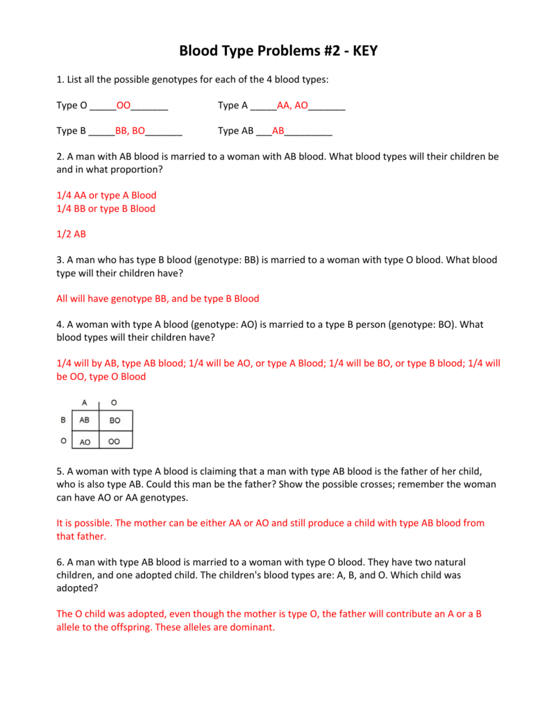Blood Type Problems 2 For Blood Types Worksheet Answers