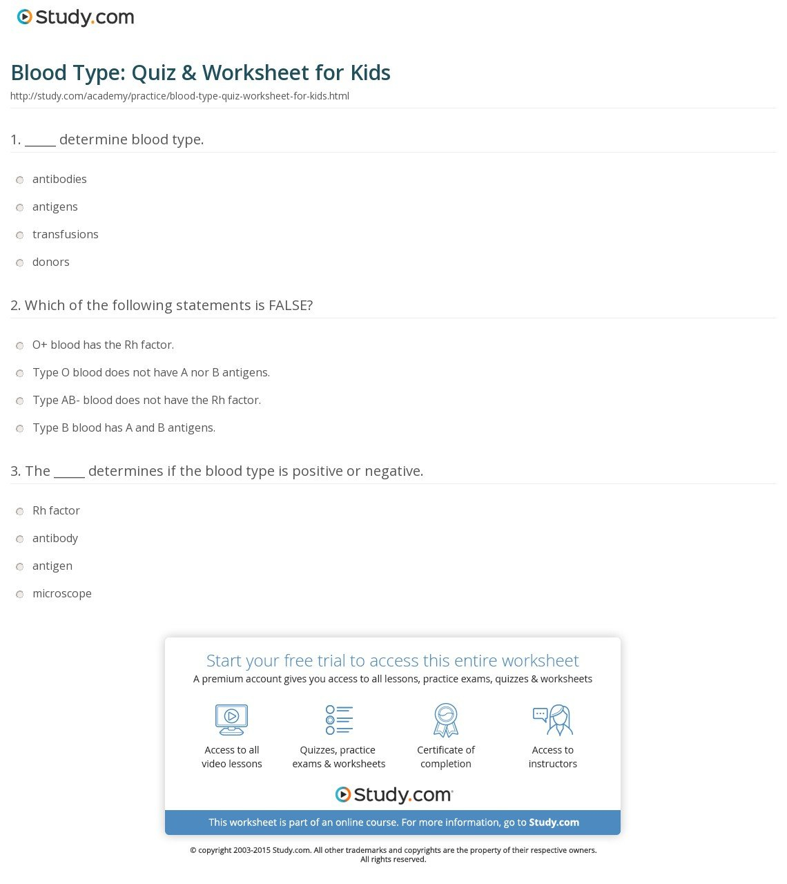 Blood Type Quiz  Worksheet For Kids  Study Together With Human Blood Cell Typing Worksheet Answer Key