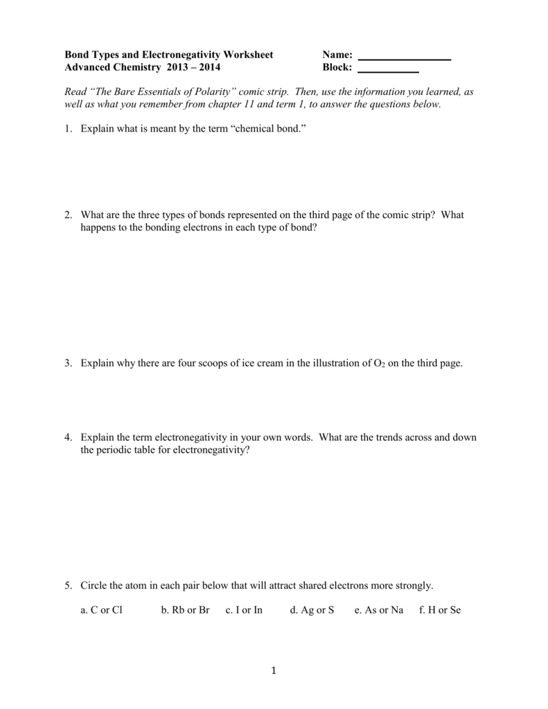 Bond Types And Electronegativity Worksheet For Polarity And Electronegativity Worksheet Answers