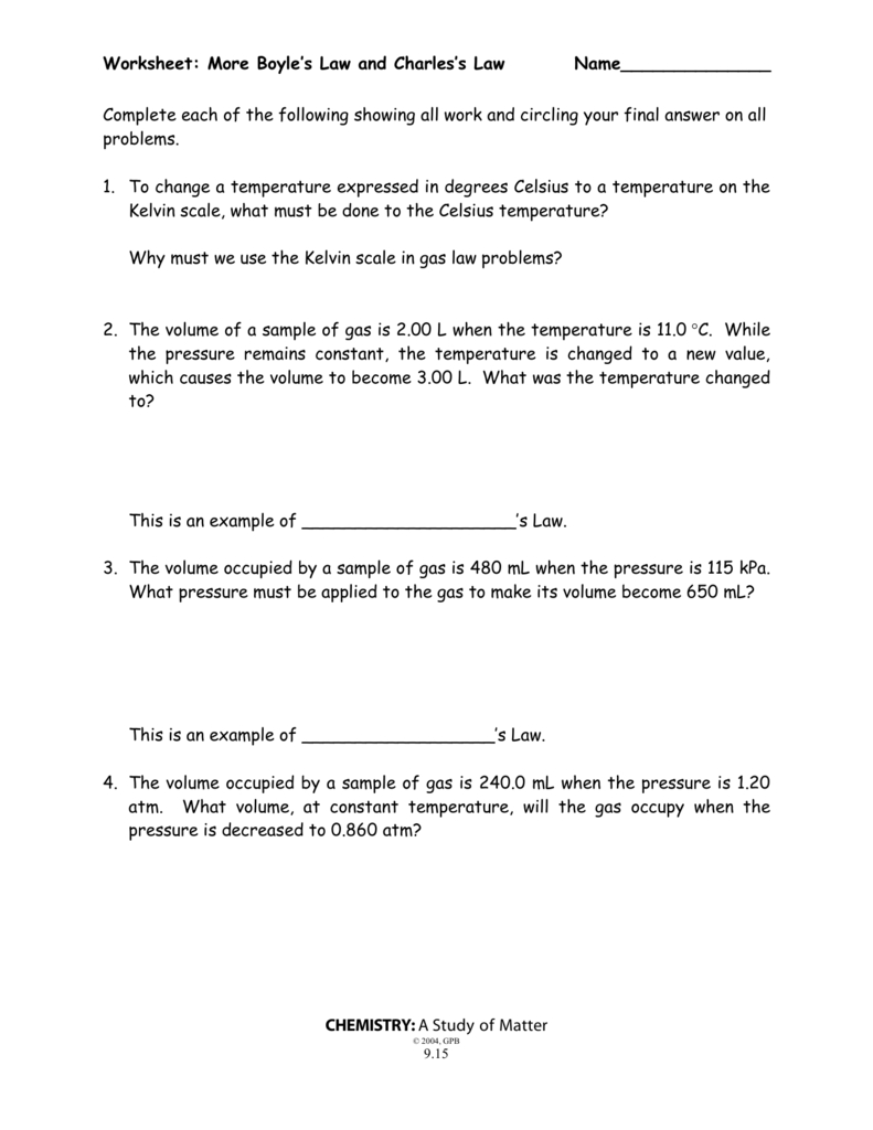 Boyle's Law And Charles' Law Worksheet Or Gas Law Problems Worksheet