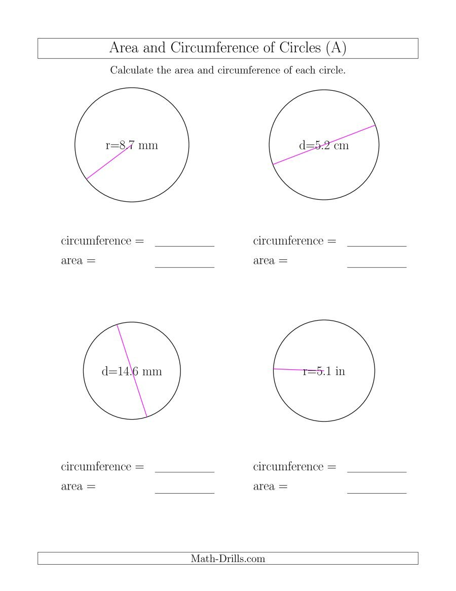 Calculate Circumference And Area Of Circles A Together With Area And Circumference Of A Circle Worksheet Answers