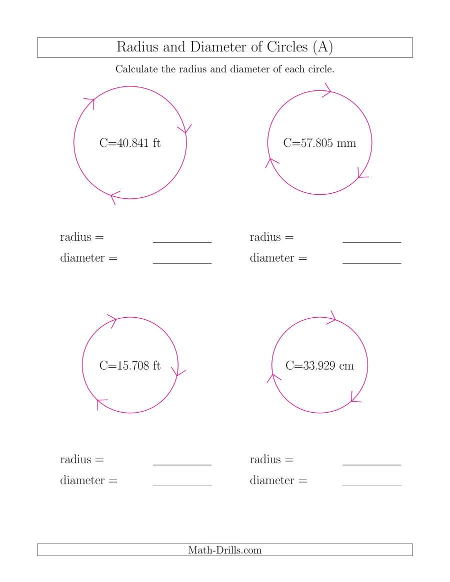 Calculate Radius And Diameter Of Circles From Circumference A Inside Circle Geometry Worksheets