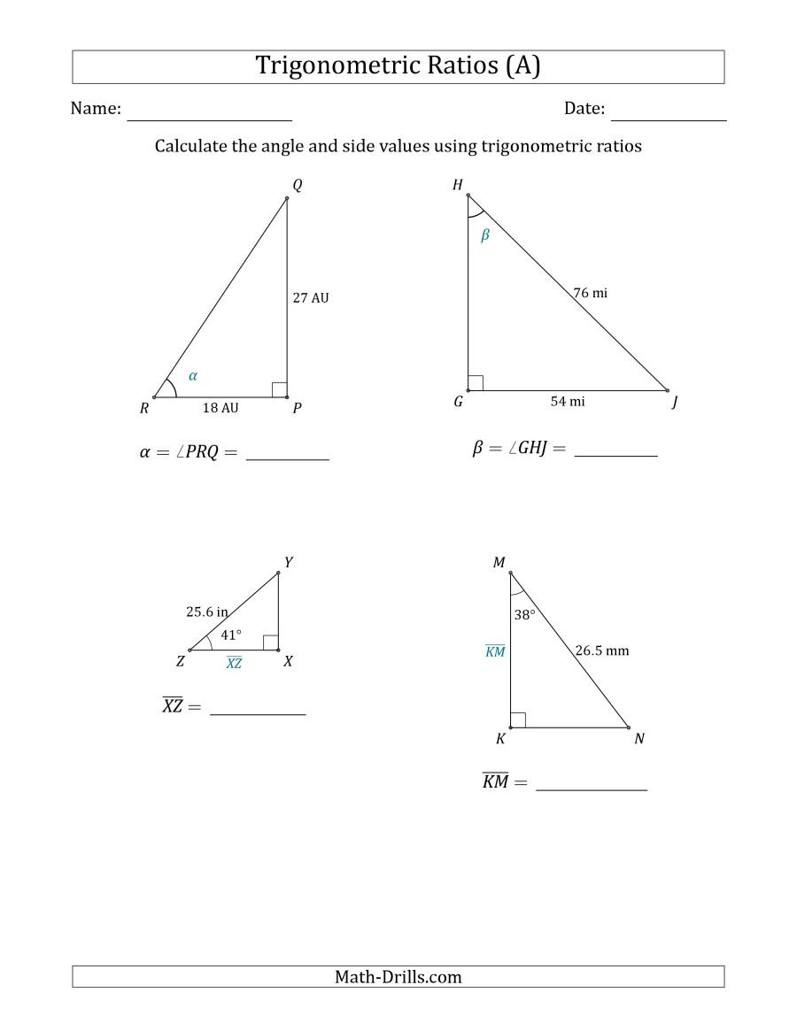 Calculating Angle And Side Values Using Trigonometric Ratios A In Trigonometry Finding Angles Worksheet Answers