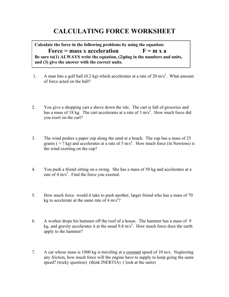 Calculating Force Worksheet And Acceleration Calculations Worksheet Answers