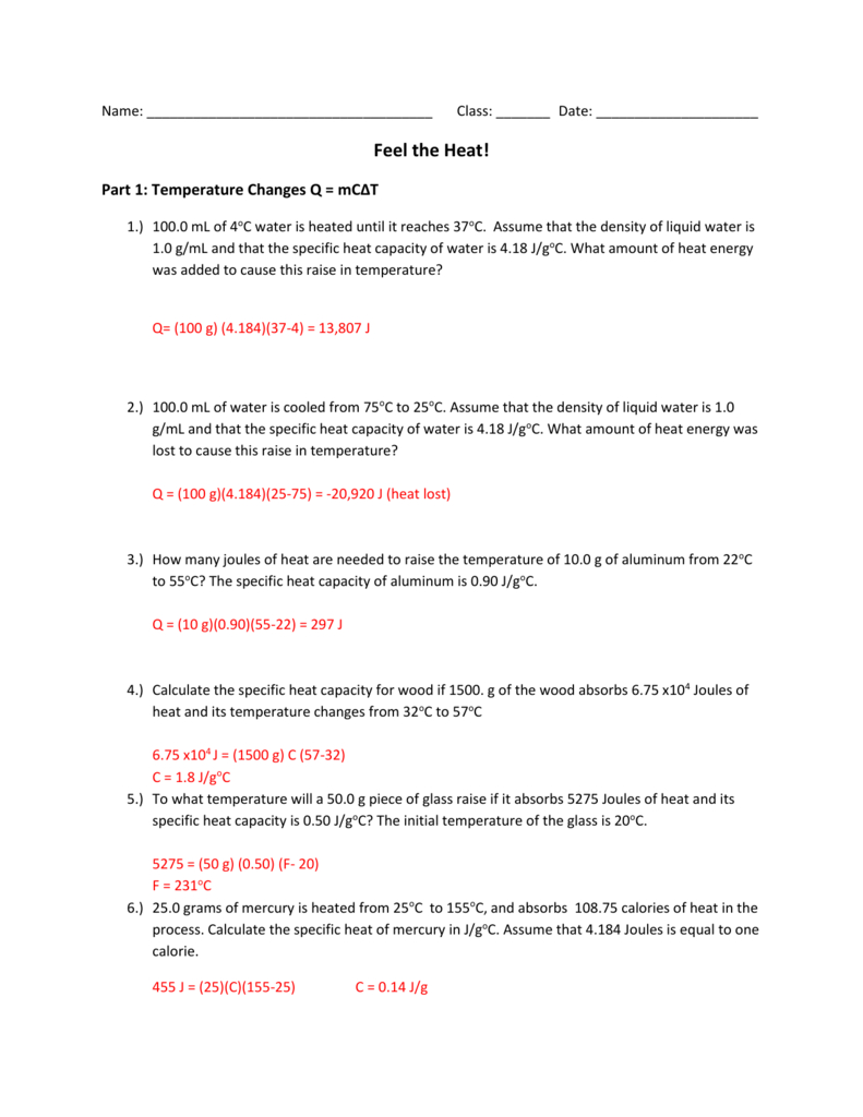 Specific Heat Worksheet Answer Key excelguider com