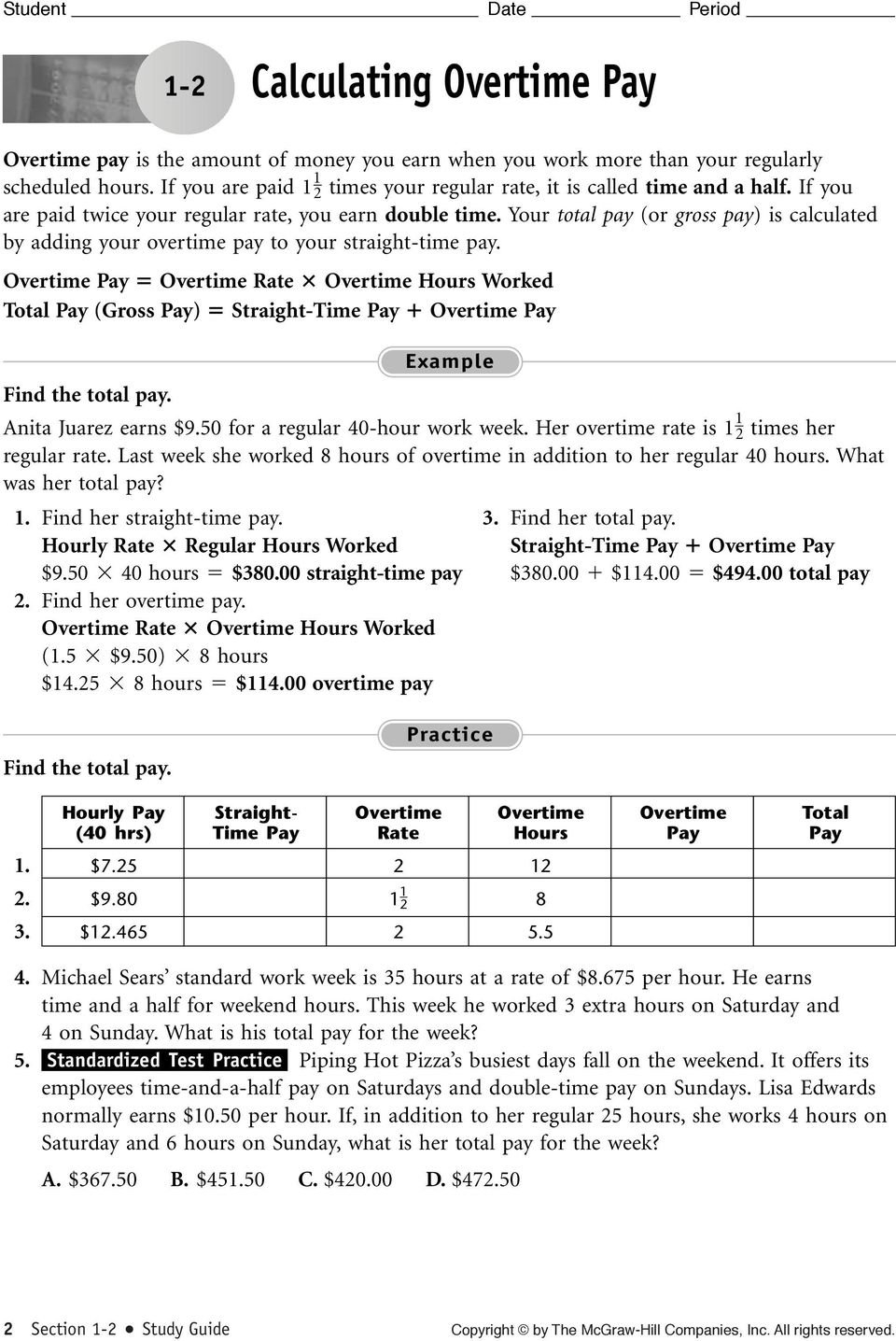 Calculating Straighttime Pay  Pdf Intended For Calculating Overtime Pay Worksheet