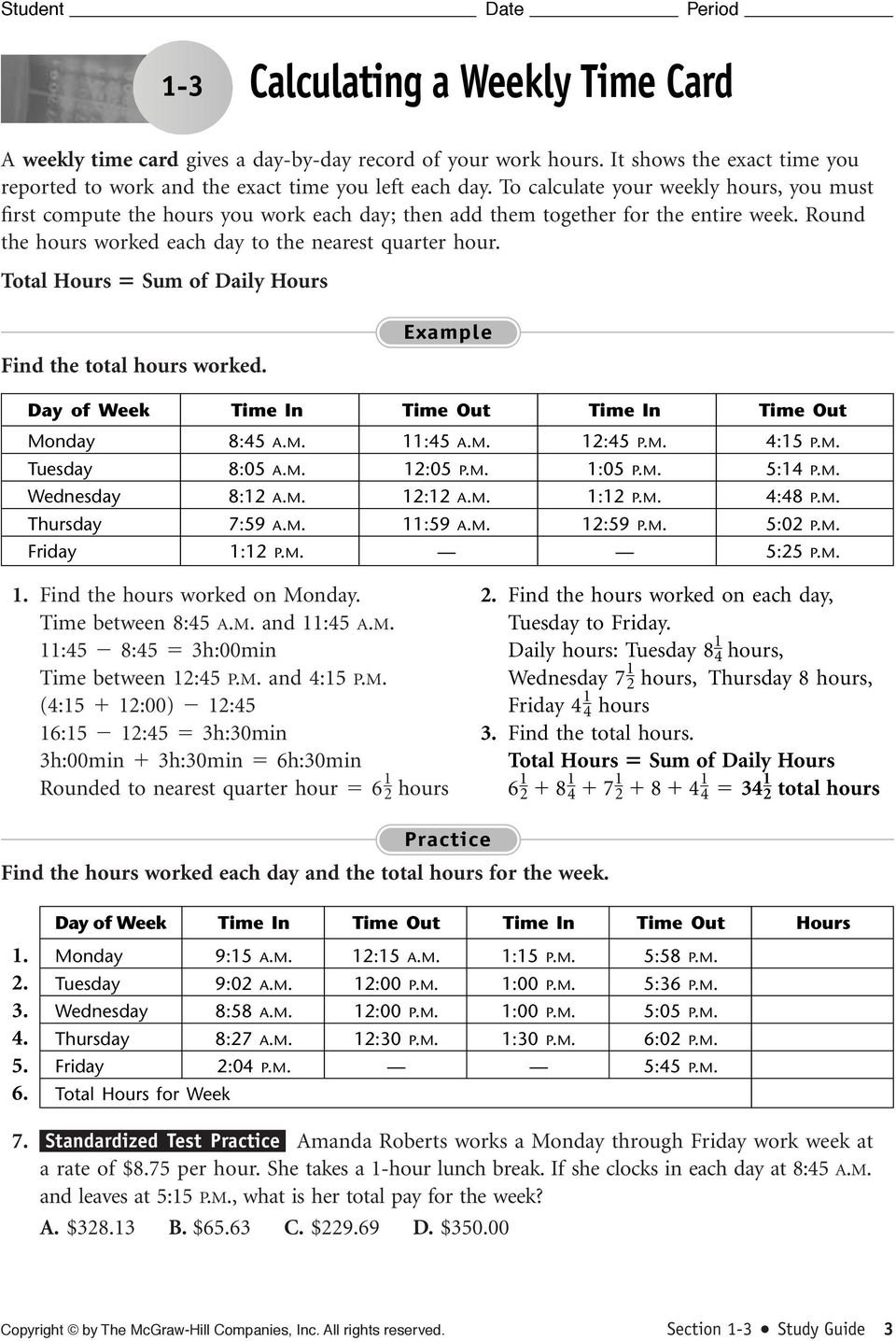 Calculating Straighttime Pay  Pdf Or Section 1 3 Weekly Time Card Worksheet Answers