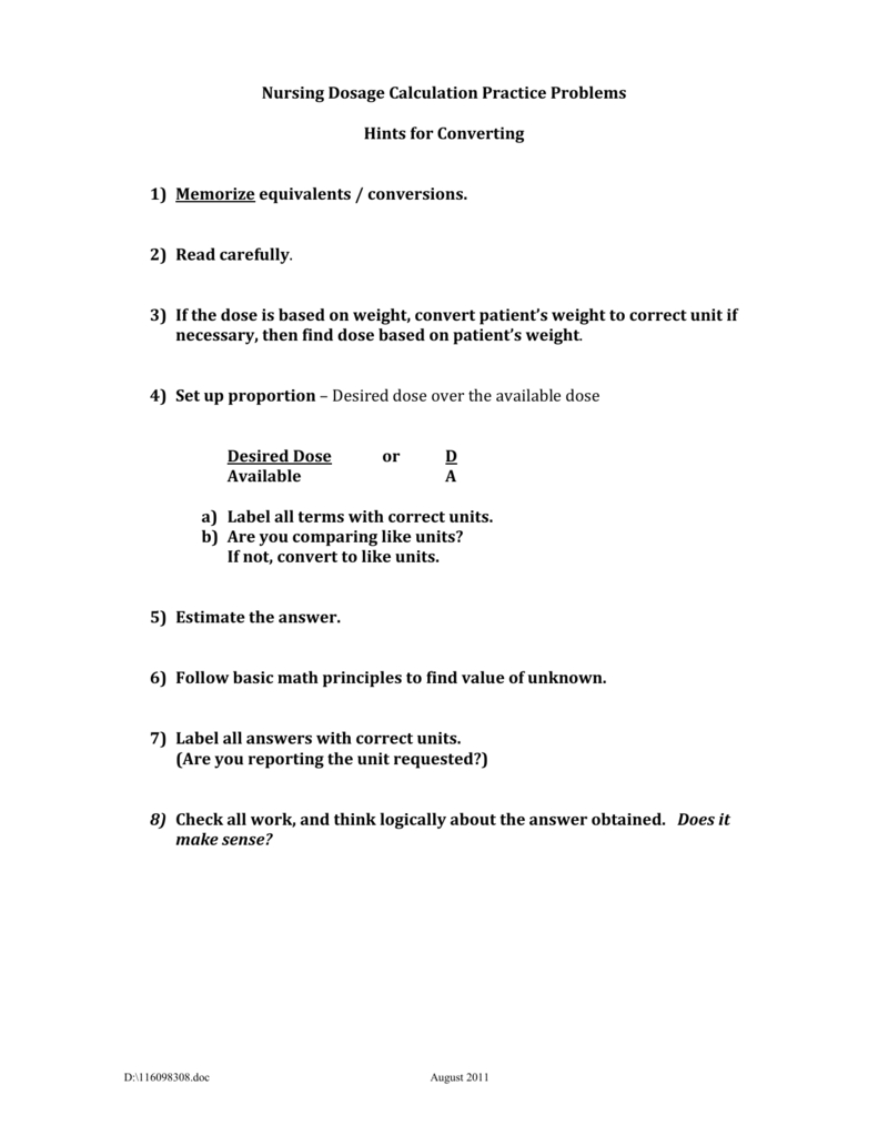 Calculations Worksheet Within Nursing Dosage Calculation Practice Worksheets
