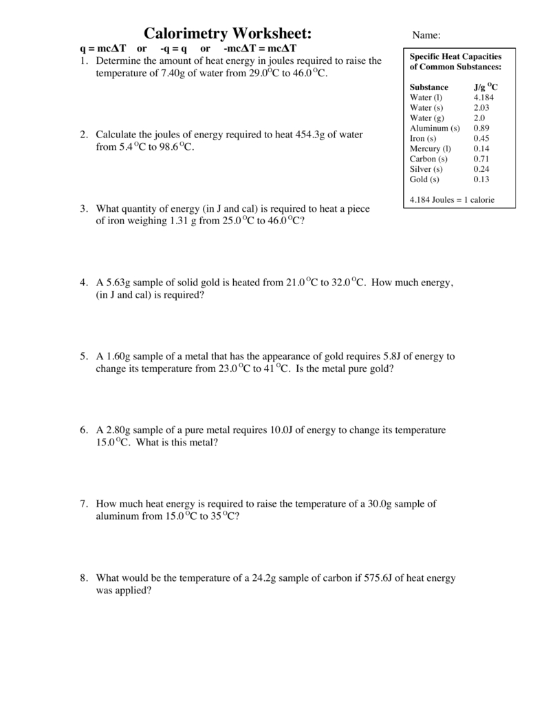 Calorimetry Worksheet In Calorimetry Worksheet Answers