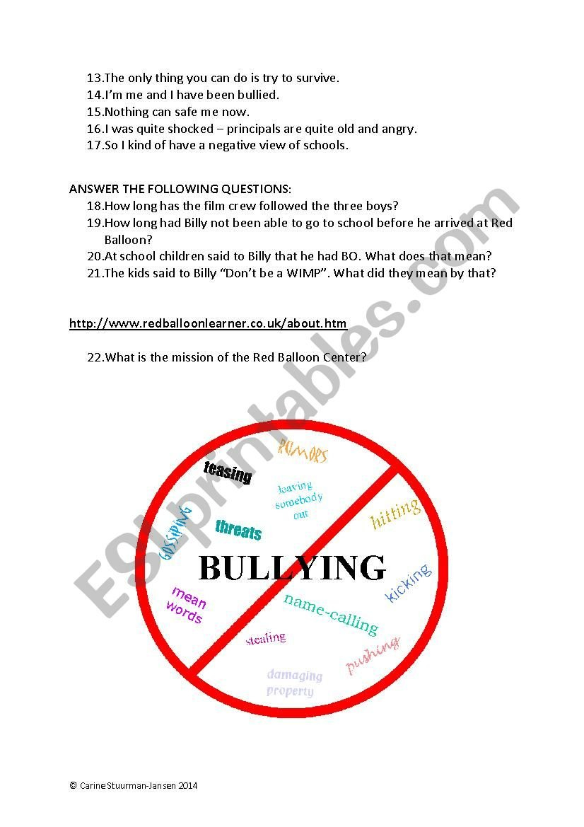 Can´t Bully Me Questions  Esl Worksheetstuurman Pertaining To Bully Documentary Worksheet