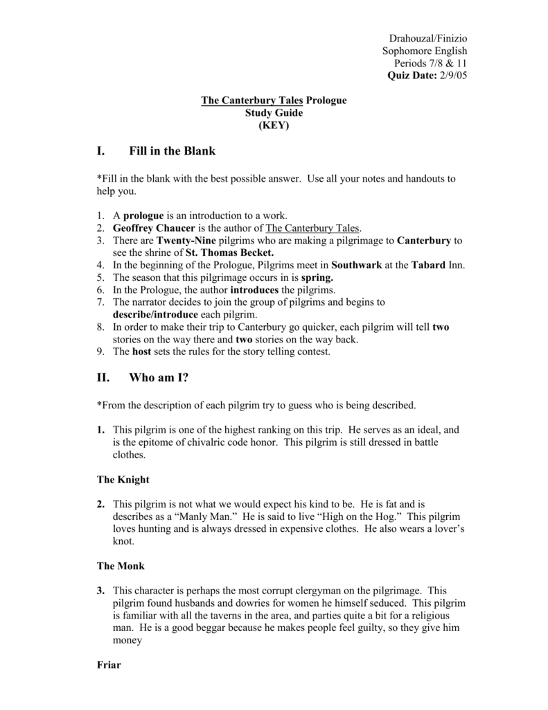 Canterbury Tales Prologue Key Pertaining To Canterbury Tales Prologue Worksheet Answers