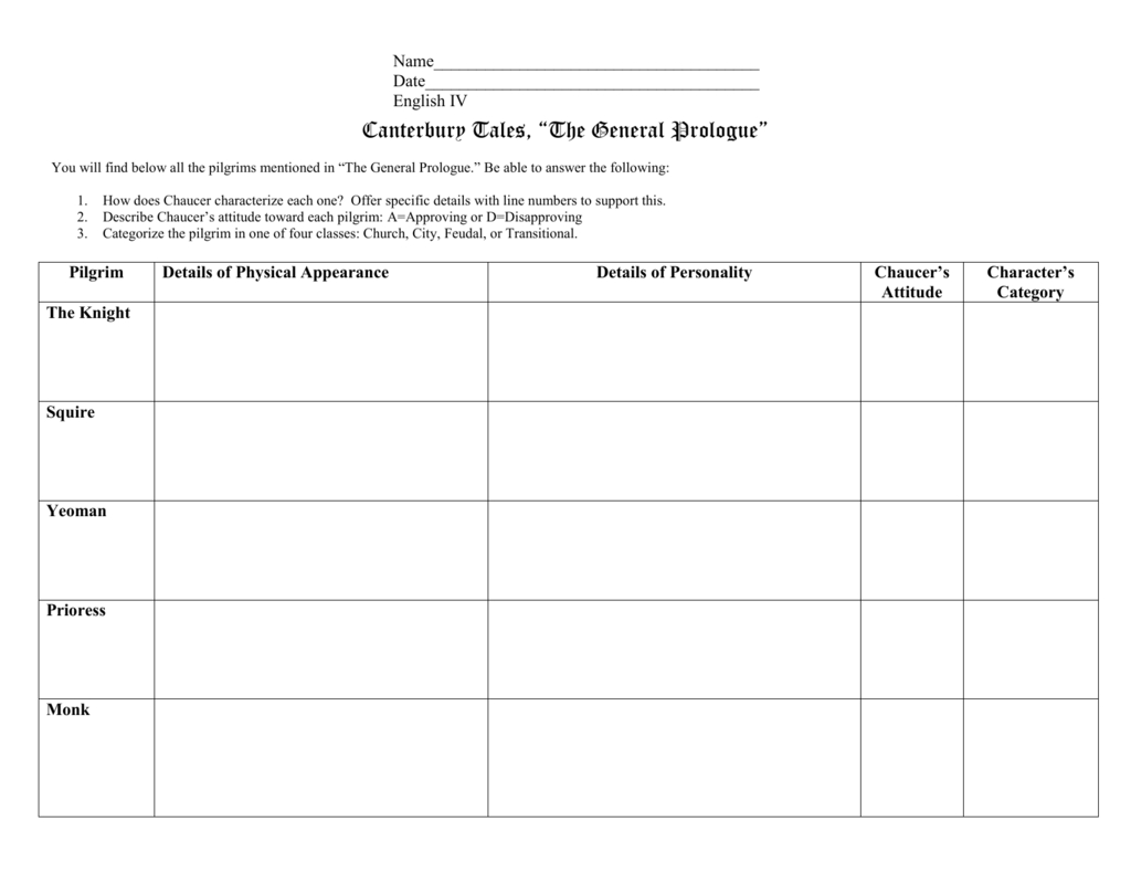 Canterbury Tales “The General Prologue” As Well As The Canterbury Tales The Prologue Worksheet