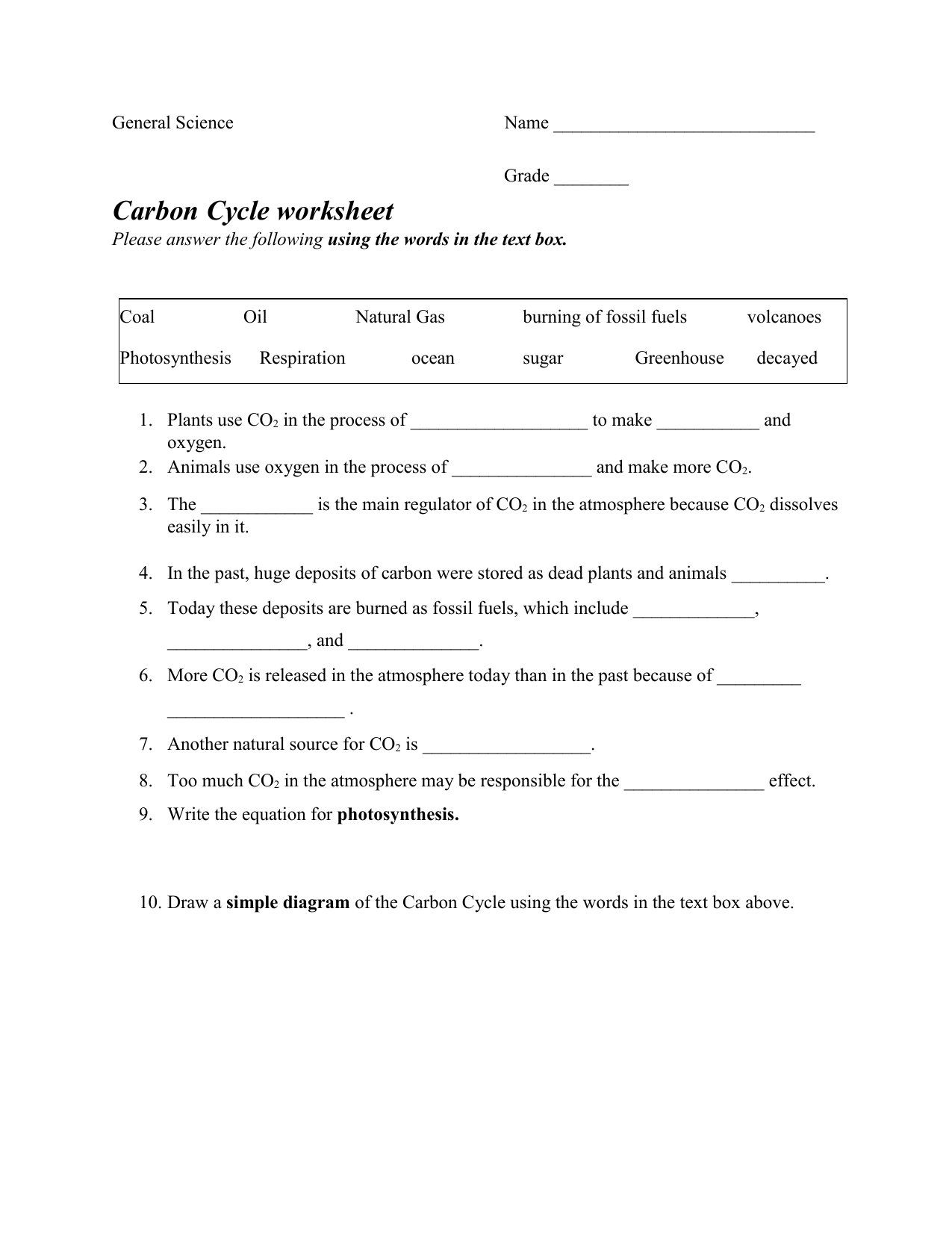 Carbon Cycle Worksheet For The Carbon Cycle Worksheet Answers