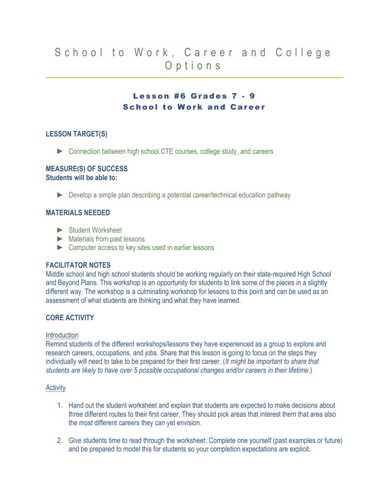 Career Ready Lesson 6 Grades 6 Pertaining To Occupational Course Of Study Worksheets
