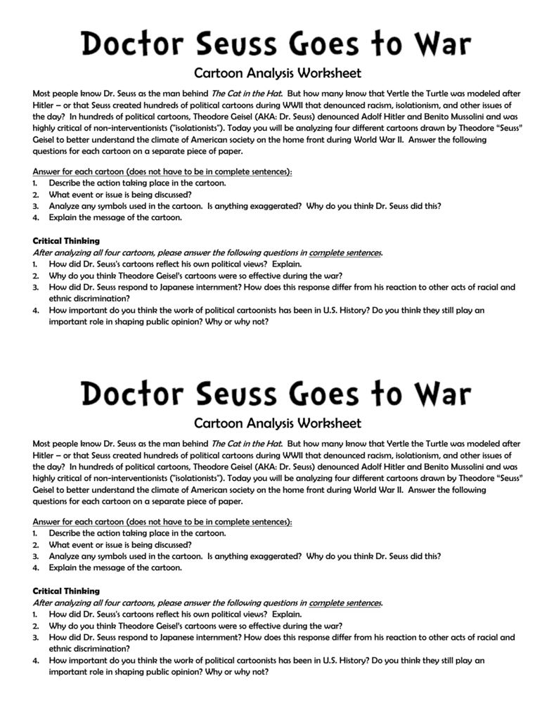 Cartoon Analysis Worksheet Most People Know Dr Seuss As The Regarding Political Cartoon Analysis Worksheet Answers