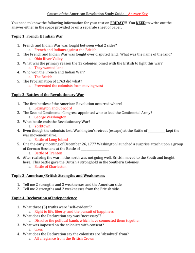 Causes Of The American Revolution Study Guide – Answer Key You With Regard To America The Story Of Us Revolution Worksheet Answer Key