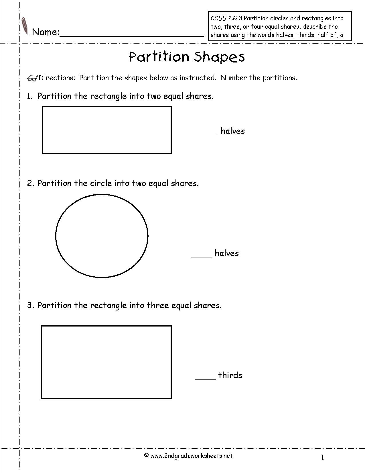 Ccss 2G3 Worksheets Partition Shapes With Dividing Shapes Into Equal Parts Worksheet