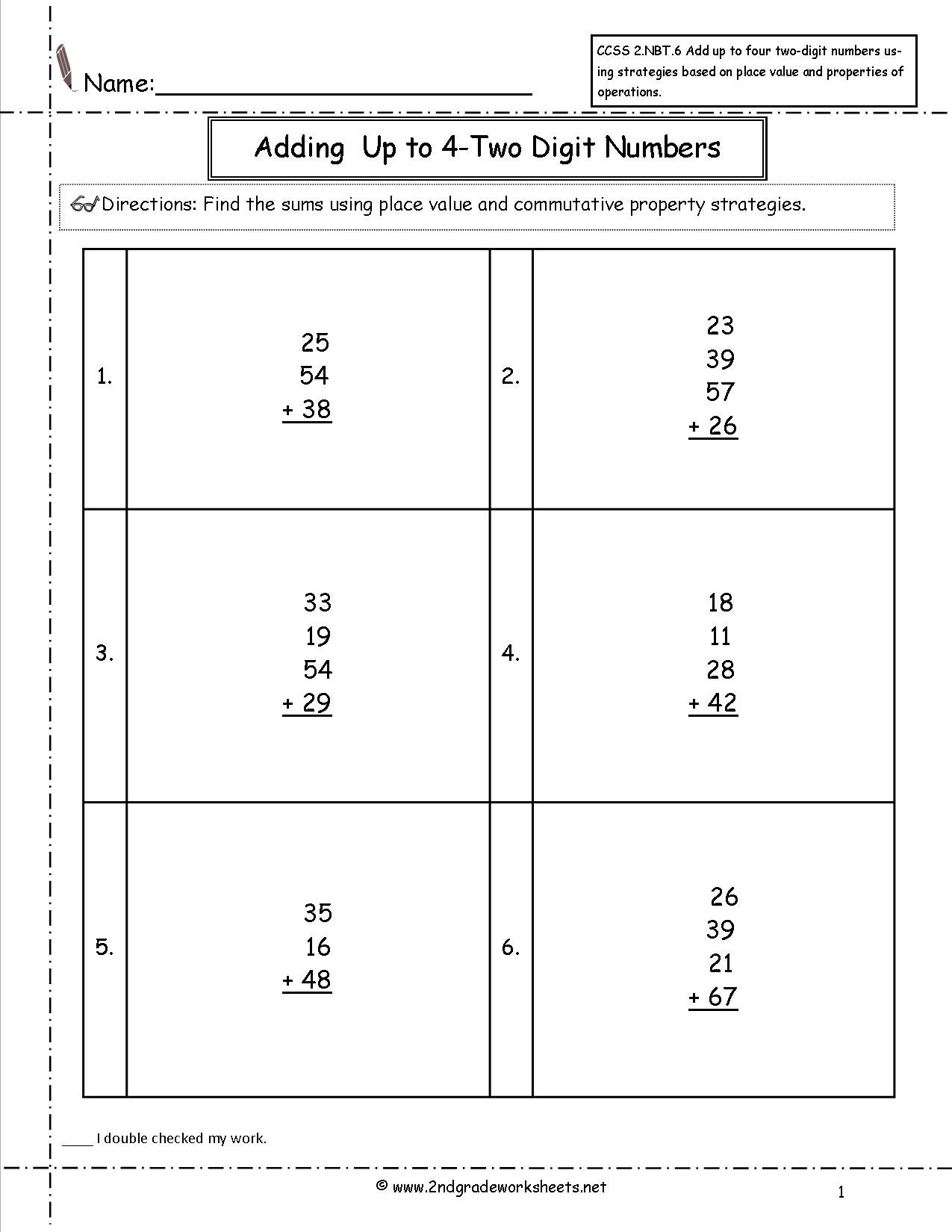 Ccss 2Nbt6 Worksheets Adding Up To Four 2Digit Numbers Worksheets For Properties Of Operations Worksheet