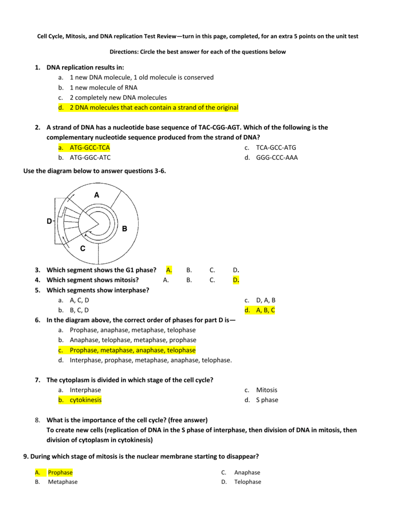 Cell Cycle Mitosis And Dna Replication Test Review—Turn In This Along With Cell Cycle And Dna Replication Practice Worksheet Key