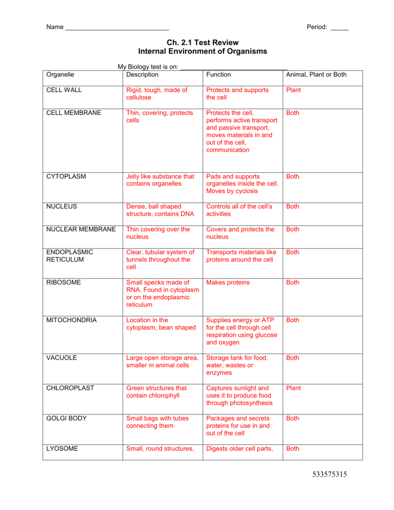 Cell Organelles Worksheet As Well As Cell Organelles And Their Functions Worksheet Answers