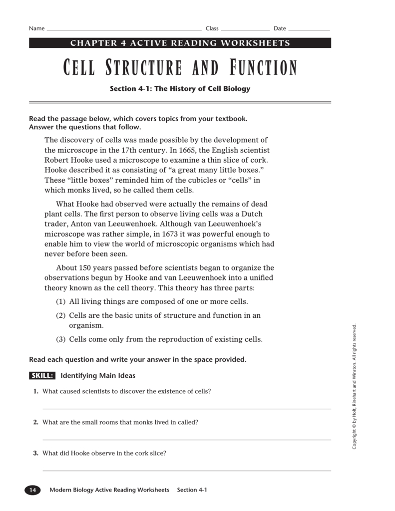 Cell Structure And Function Or Chapter 4 Cell Structure And Function Worksheet Answers