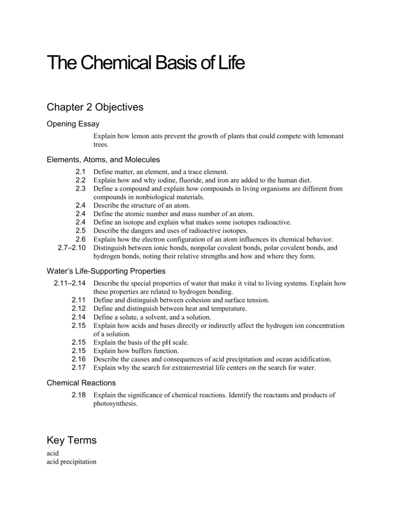 Ch 2 Objectivesthe Chemical Basis Of Life Or Biology Chapter 2 The Chemistry Of Life Worksheet Answers