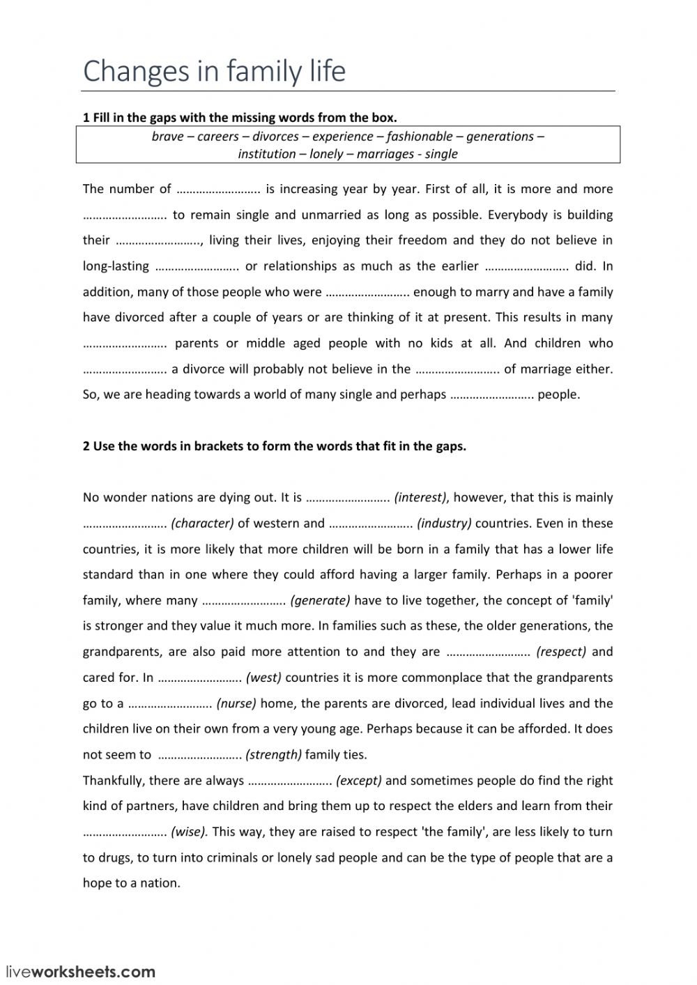 Changes In Family Life  Interactive Worksheet For Family Ties Student Worksheet Answers