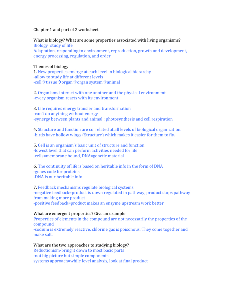 Chapter 1 And Part Of 2 Worksheet What Is Biology What Are Some For Levels Of Biological Organization Worksheet