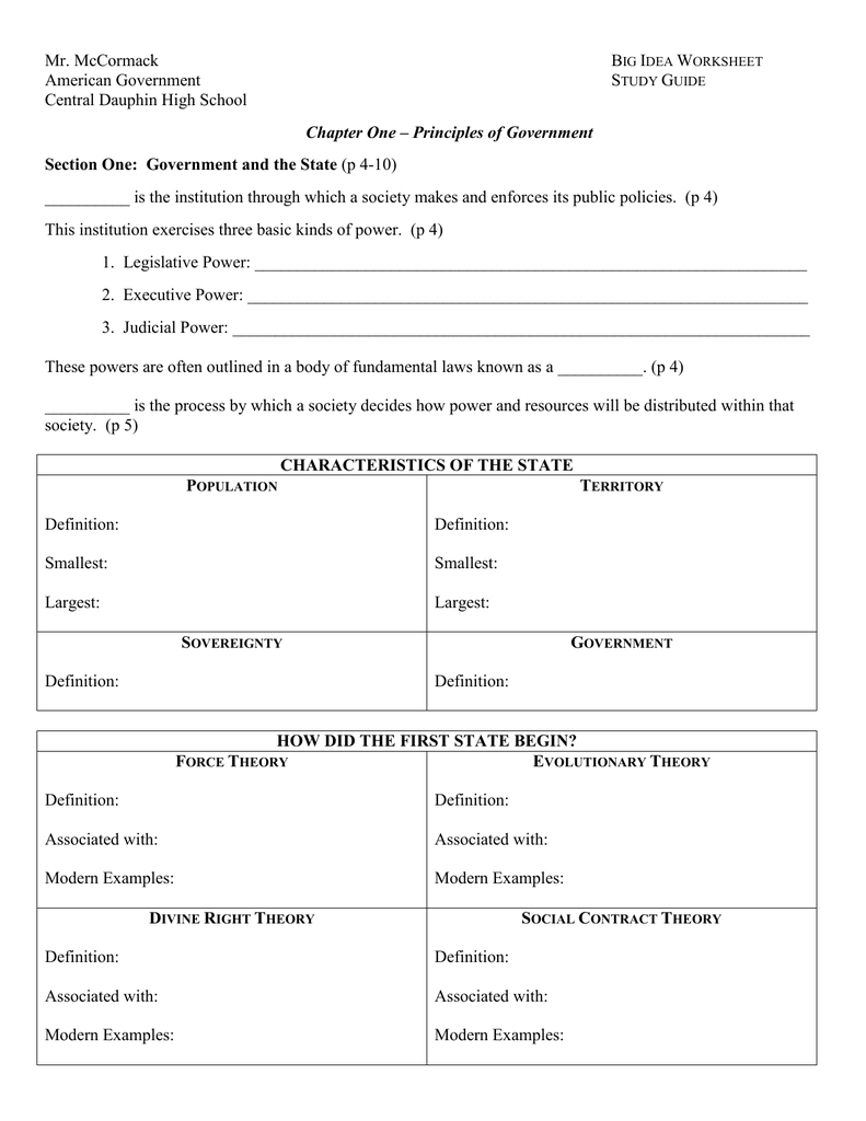 Chapter 1 Worksheet Student's Notes Or Principles Of American Government Worksheet