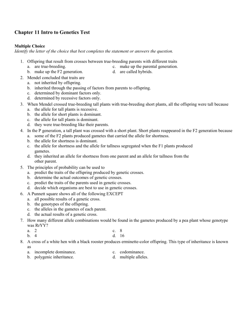 Chapter 11 Intro To Genetics Test Within Chapter 11 Introduction To Genetics Worksheet Answers