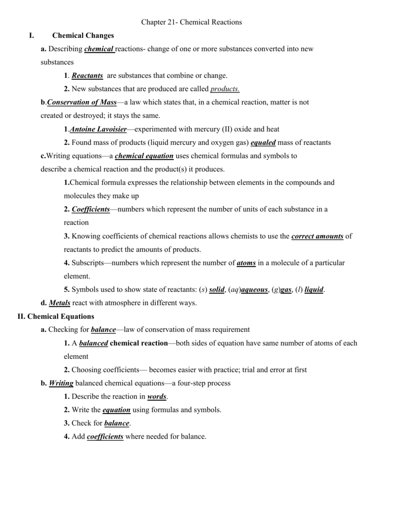 Chapter 21 Chemical Reactions Inside Describing Chemical Reactions Worksheet Answers