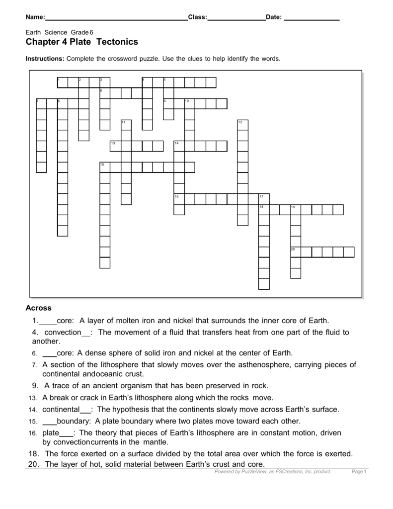 Chapter 4 Plate Tectonics Pertaining To Plate Tectonics Crossword Puzzle Worksheet Answers
