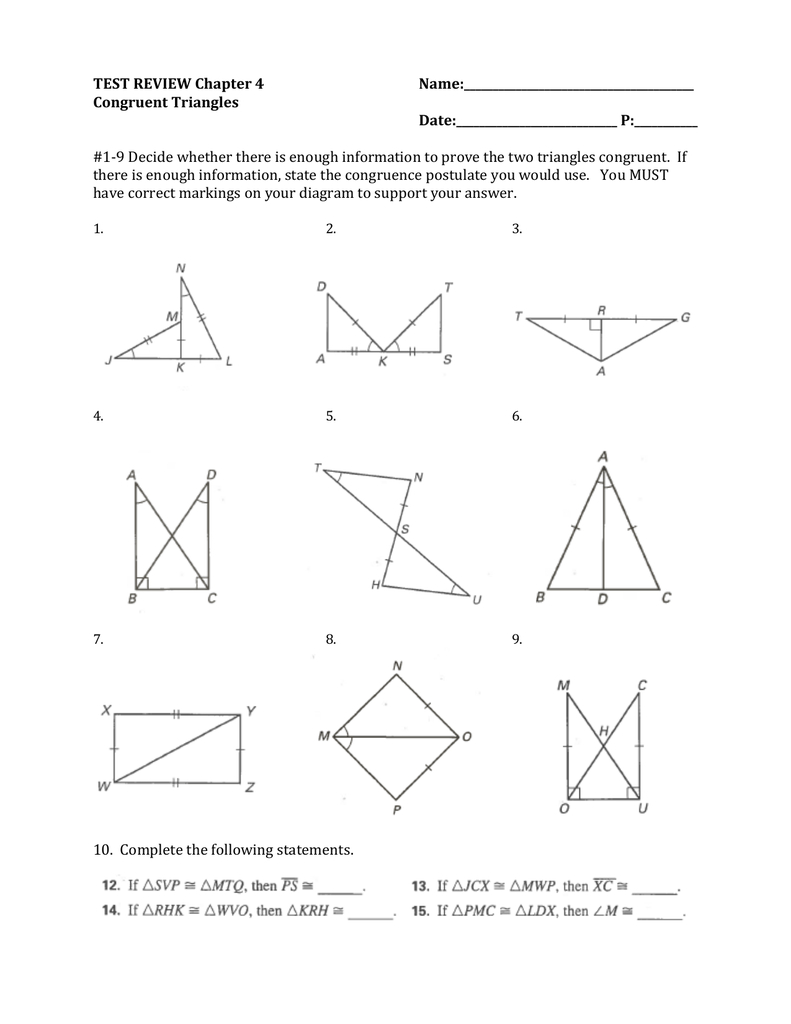 Chapter 4 Test Review Congruent Triangles Together With Chapter 4 Congruent Triangles Worksheet Answers