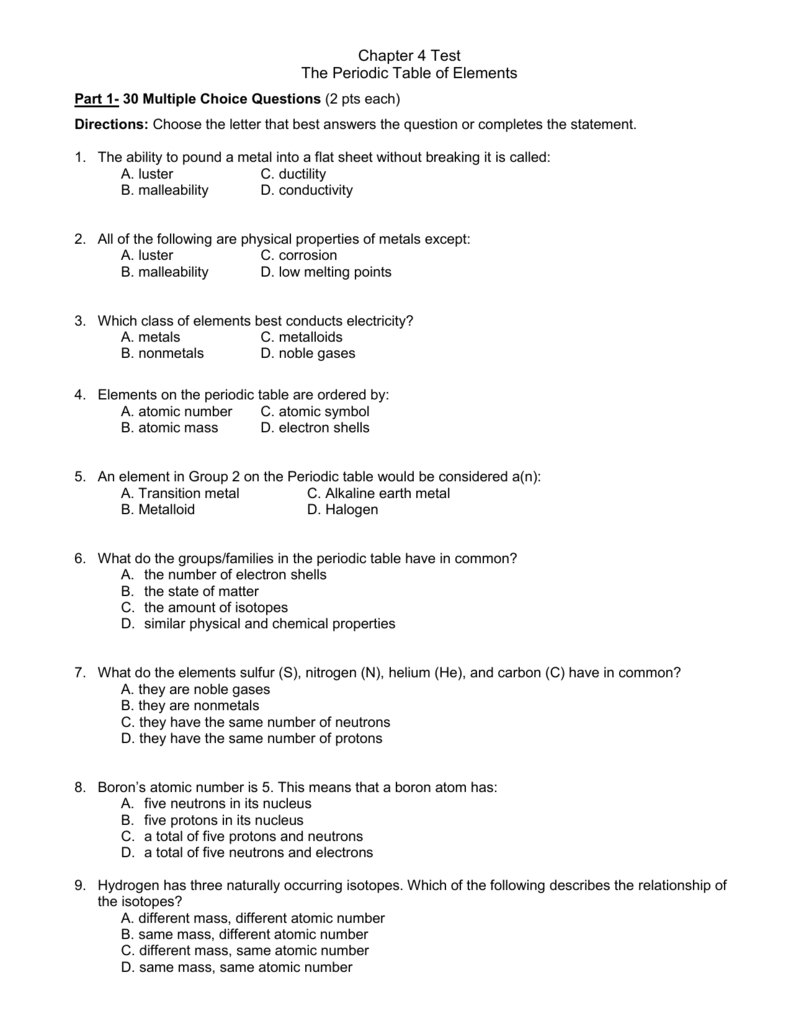 Chapter 4 Test The Periodic Table Of Elements Part 1 Also Isotopes Or Different Elements Chapter 4 Worksheet Answers