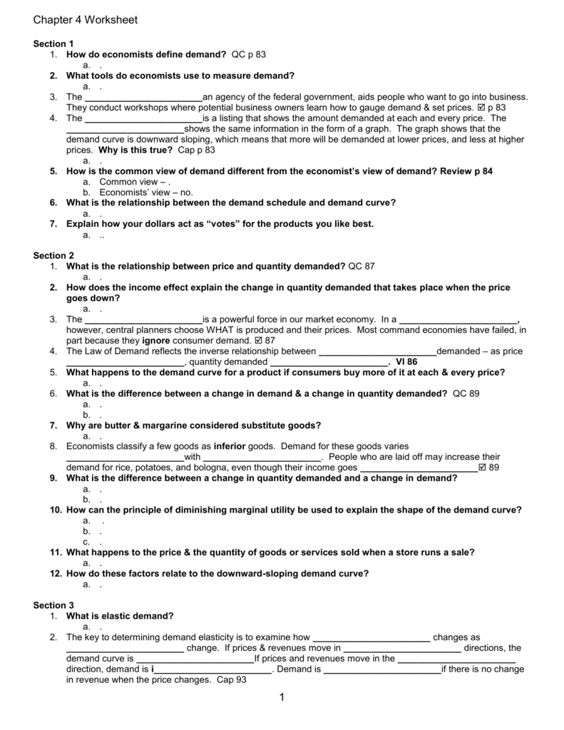 Chapter 4 Worksheet 1 Intended For Chapter 4 Section 1 Understanding Demand Worksheet Answers